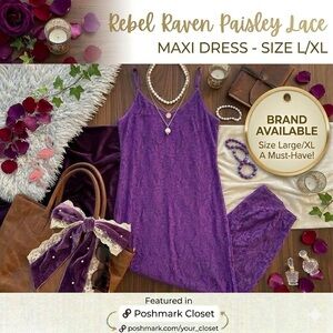Rebel Raven Purple Lace Spaghetti Strap Maxi Dress Boho Romantic NWOT Large